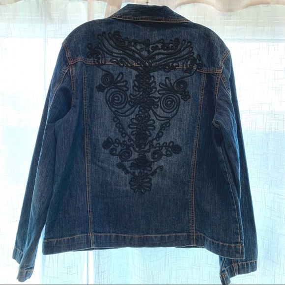 Passementerie front and back. Chico’s size 2 (large) denim jacket, black details - Picture 8 of 15